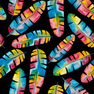 Renkli ve soyut tropikal yapraklı suluboya desenli. Egzotik bitkilerle dolu parlak yaz baskısı. Yaratıcı trend botanik tekstil tasarımı.