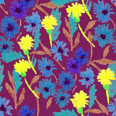 Balmumu pastel boyalarla çizilmiş soyut çiçekleri olan yaratıcı, pürüzsüz desen. Parlak renkli çiçek deseni.