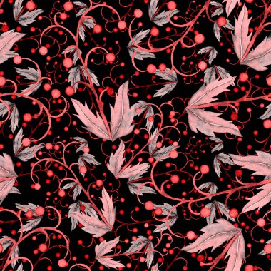 Vintage yapraklı suluboya desenli. Dekoratif tasarım için renkli yaprakları olan güzel bir botanik baskısı. Parlak bahar ya da yaz arkaplanı. Klasik düğün dekoru. Tekstil tasarımı.