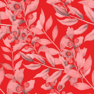 Vintage yapraklı suluboya desenli. Dekoratif tasarım için renkli yaprakları olan güzel bir botanik baskısı. Parlak bahar ya da yaz arkaplanı. Klasik düğün dekoru. Tekstil tasarımı.