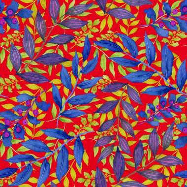 Vintage yapraklı suluboya desenli. Dekoratif tasarım için renkli yaprakları olan güzel bir botanik baskısı. Parlak bahar ya da yaz arkaplanı. Klasik düğün dekoru. Tekstil tasarımı.