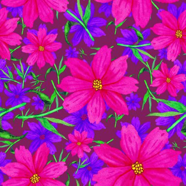 Çiçeklerle suluboya kusursuz desen. Klasik çiçek desenleri. Çiçeksiz desen. Botanik sanatı. Çiçek botanik koleksiyonu. Çiçek seti. Suluboya botanik tasarımı.