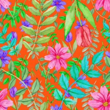 Çiçeklerle suluboya kusursuz desen. Klasik çiçek desenleri. Çiçeksiz desen. Botanik sanatı. Çiçek botanik koleksiyonu. Çiçek seti. Suluboya botanik tasarımı.