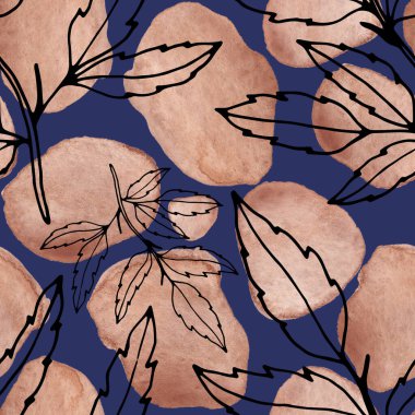 Çizgili sanat çiçekleri ve suluboya lekeleri olan yaratıcı kusursuz desen. Moda soyut modern vintage baskı.