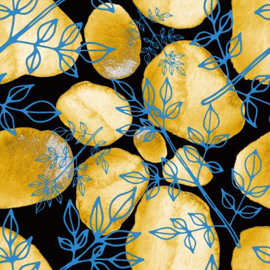 Çizgili sanat çiçekleri ve suluboya lekeleri olan yaratıcı kusursuz desen. Moda soyut modern vintage baskı.