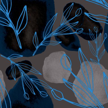 Çizgili sanat çiçekleri ve suluboya lekeleri olan yaratıcı kusursuz desen. Moda soyut modern vintage baskı.