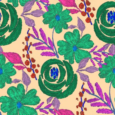 Balmumu pastel boyalarla çizilmiş soyut çiçekleri olan yaratıcı, pürüzsüz desen. Parlak renkli çiçek deseni.