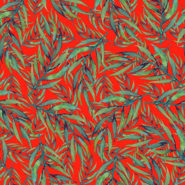 Vintage yapraklı suluboya desenli. Dekoratif tasarım için renkli yaprakları olan güzel bir botanik baskısı. Parlak bahar ya da yaz arkaplanı. Klasik düğün dekoru. Tekstil tasarımı.