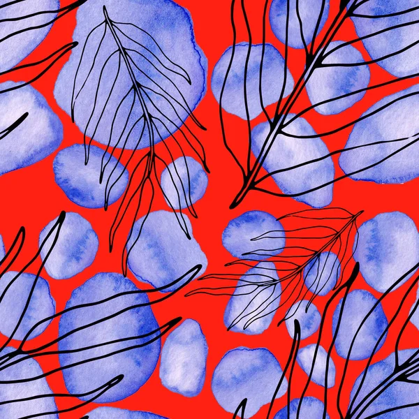 Креативный Бесшовный Узор Цветами Листьями Акварельных Стеблях Модная Абстрактная Современная — стоковое фото