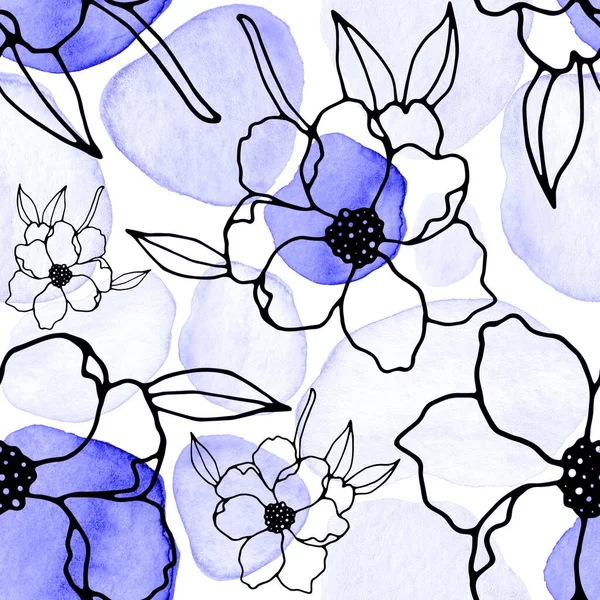 Kreatywny Bezszwowy Wzór Linii Kwiaty Sztuki Liście Plamy Akwareli Modny — Zdjęcie stockowe