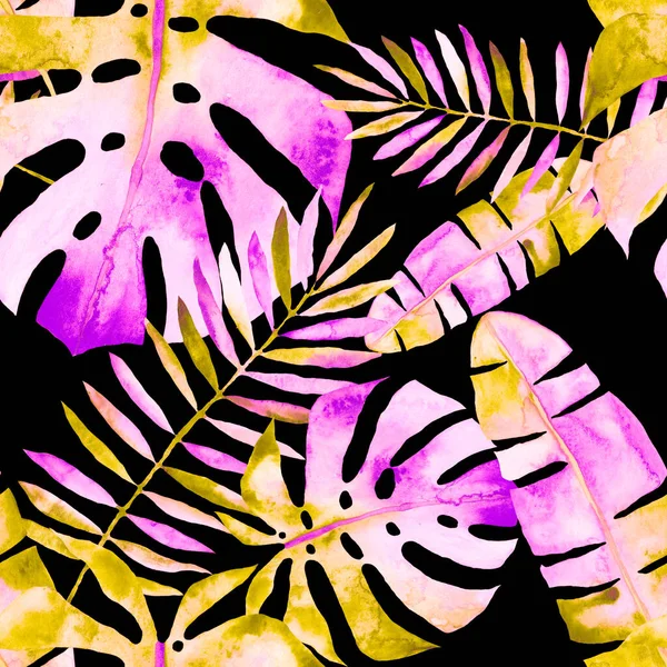 Akvarell Sömlöst Mönster Med Färgglada Abstrakta Tropiska Blad Ljusa Sommartryck — Stockfoto