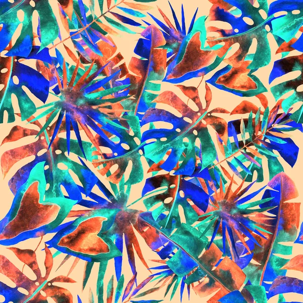 Akvarell Sömlöst Mönster Med Färgglada Abstrakta Tropiska Blad Ljusa Sommartryck — Stockfoto
