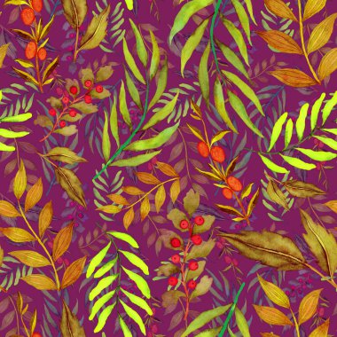 Vintage yapraklı suluboya desenli. Dekoratif tasarım için renkli yaprakları olan güzel bir botanik baskısı. Parlak bahar ya da yaz arkaplanı. Klasik düğün dekoru. Tekstil tasarımı.