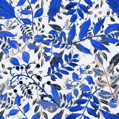 Vintage yapraklı suluboya desenli. Dekoratif tasarım için renkli yaprakları olan güzel bir botanik baskısı. Parlak bahar ya da yaz arkaplanı. Klasik düğün dekoru. Tekstil tasarımı.