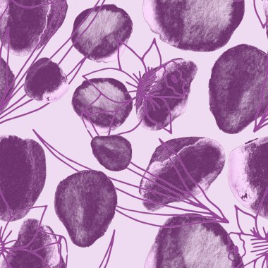 Çizgili sanat çiçekleri ve suluboya lekeleri olan yaratıcı kusursuz desen. Moda soyut modern vintage baskı.