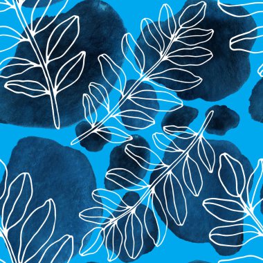 Çizgili sanat çiçekleri ve suluboya lekeleri olan yaratıcı kusursuz desen. Moda soyut modern vintage baskı.