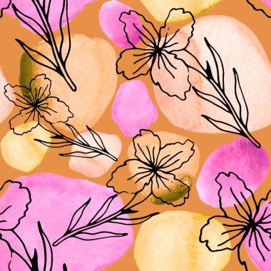 Çizgili sanat çiçekleri ve suluboya lekeleri olan yaratıcı kusursuz desen. Moda soyut modern vintage baskı.