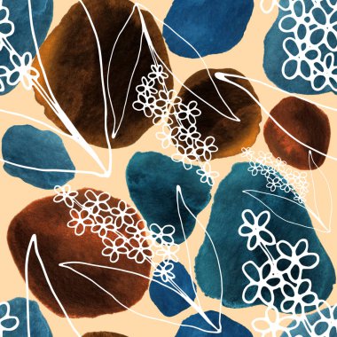 Çizgili sanat çiçekleri ve suluboya lekeleri olan yaratıcı kusursuz desen. Moda soyut modern vintage baskı.