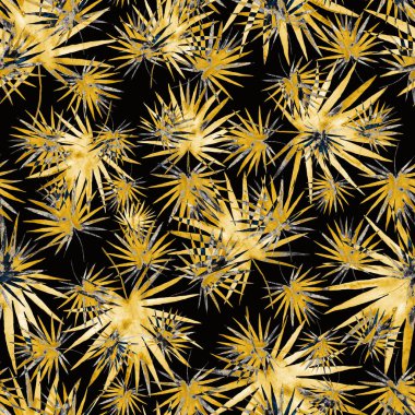 Renkli ve soyut tropikal yapraklı suluboya desenli. Egzotik bitkilerle dolu parlak yaz baskısı. Yaratıcı trend botanik tekstil tasarımı.