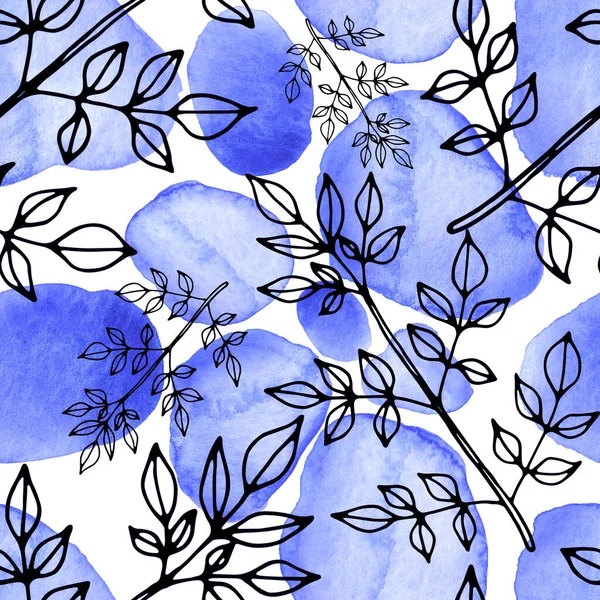 Kreativ Sömlös Mönster Med Linje Konst Blommor Och Blad Akvarell — Stockfoto