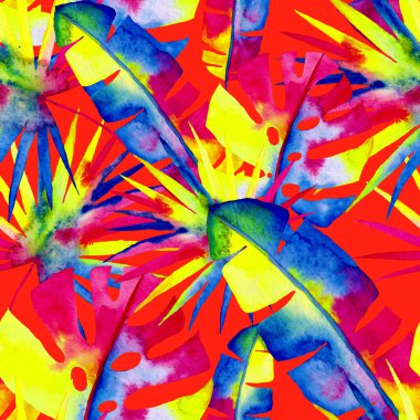 Renkli ve soyut tropikal yapraklı suluboya desenli. Egzotik bitkilerle dolu parlak yaz baskısı. Yaratıcı trend botanik tekstil tasarımı.