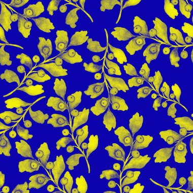 Vintage yapraklı suluboya desenli. Dekoratif tasarım için renkli yaprakları olan güzel bir botanik baskısı. Parlak bahar ya da yaz arkaplanı. Klasik düğün dekoru. Tekstil tasarımı.