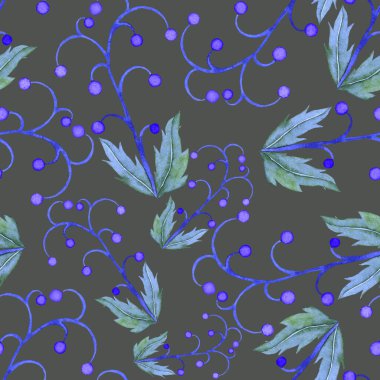 Vintage yapraklı suluboya desenli. Dekoratif tasarım için renkli yaprakları olan güzel bir botanik baskısı. Parlak bahar ya da yaz arkaplanı. Klasik düğün dekoru. Tekstil tasarımı.