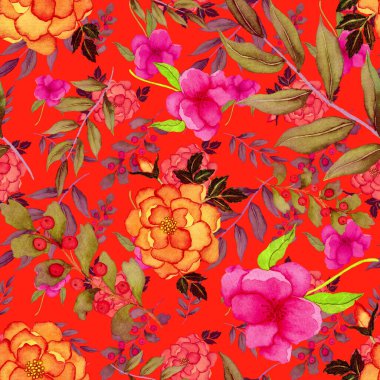 Çiçeklerle suluboya kusursuz desen. Klasik çiçek desenleri. Çiçeksiz desen. Botanik sanatı. Çiçek botanik koleksiyonu. Çiçek seti. Suluboya botanik tasarımı.