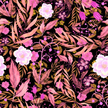 Çiçeklerle suluboya kusursuz desen. Klasik çiçek desenleri. Çiçeksiz desen. Botanik sanatı. Çiçek botanik koleksiyonu. Çiçek seti. Suluboya botanik tasarımı.