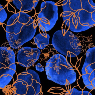 Çizgili sanat çiçekleri ve suluboya lekeleri olan yaratıcı kusursuz desen. Moda soyut modern vintage baskı.