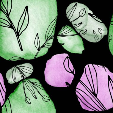 Çizgili sanat çiçekleri ve suluboya lekeleri olan yaratıcı kusursuz desen. Moda soyut modern vintage baskı.