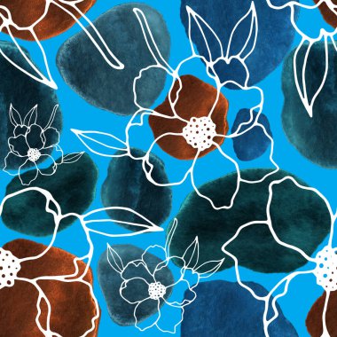 Çizgili sanat çiçekleri ve suluboya lekeleri olan yaratıcı kusursuz desen. Moda soyut modern vintage baskı.