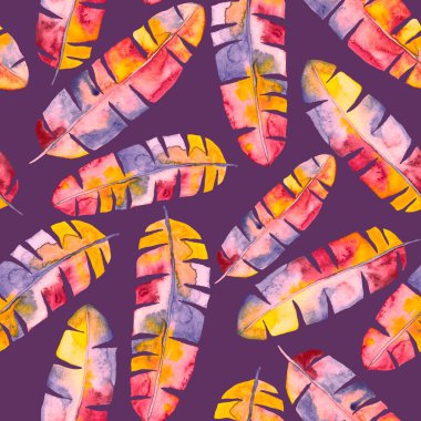 Renkli ve soyut tropikal yapraklı suluboya desenli. Egzotik bitkilerle dolu parlak yaz baskısı. Yaratıcı trend botanik tekstil tasarımı.