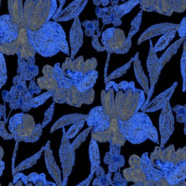 Balmumu pastel boyalarla çizilmiş soyut çiçekleri olan yaratıcı, pürüzsüz desen. Parlak renkli çiçek deseni.