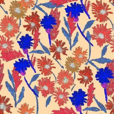 Balmumu pastel boyalarla çizilmiş soyut çiçekleri olan yaratıcı, pürüzsüz desen. Parlak renkli çiçek deseni.