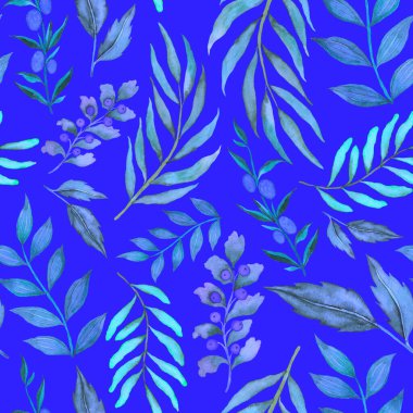 Vintage yapraklı suluboya desenli. Dekoratif tasarım için renkli yaprakları olan güzel bir botanik baskısı. Parlak bahar ya da yaz arkaplanı. Klasik düğün dekoru. Tekstil tasarımı.