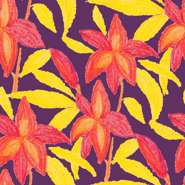 有创意的无缝图案 抽象的花朵用蜡笔画 色彩艳丽的花纹 — 图库照片