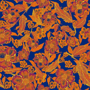 Çiçeklerle suluboya kusursuz desen. Klasik çiçek desenleri. Çiçeksiz desen. Botanik sanatı. Çiçek botanik koleksiyonu. Çiçek seti. Suluboya botanik tasarımı.