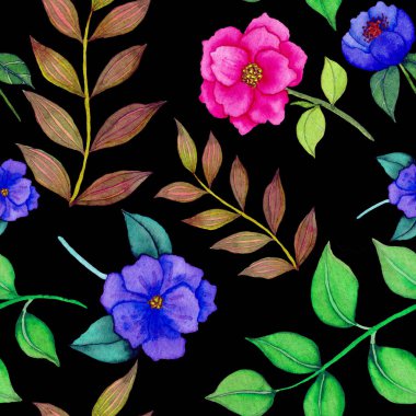 Çiçeklerle suluboya kusursuz desen. Klasik çiçek desenleri. Çiçeksiz desen. Botanik sanatı. Çiçek botanik koleksiyonu. Çiçek seti. Suluboya botanik tasarımı.