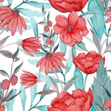 Çiçeklerle suluboya kusursuz desen. Klasik çiçek desenleri. Çiçeksiz desen. Botanik sanatı. Çiçek botanik koleksiyonu. Çiçek seti. Suluboya botanik tasarımı.