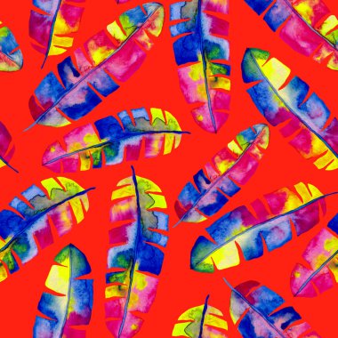 Renkli ve soyut tropikal yapraklı suluboya desenli. Egzotik bitkilerle dolu parlak yaz baskısı. Yaratıcı trend botanik tekstil tasarımı.