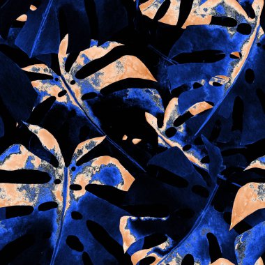 Renkli ve soyut tropikal yapraklı suluboya desenli. Egzotik bitkilerle dolu parlak yaz baskısı. Yaratıcı trend botanik tekstil tasarımı.