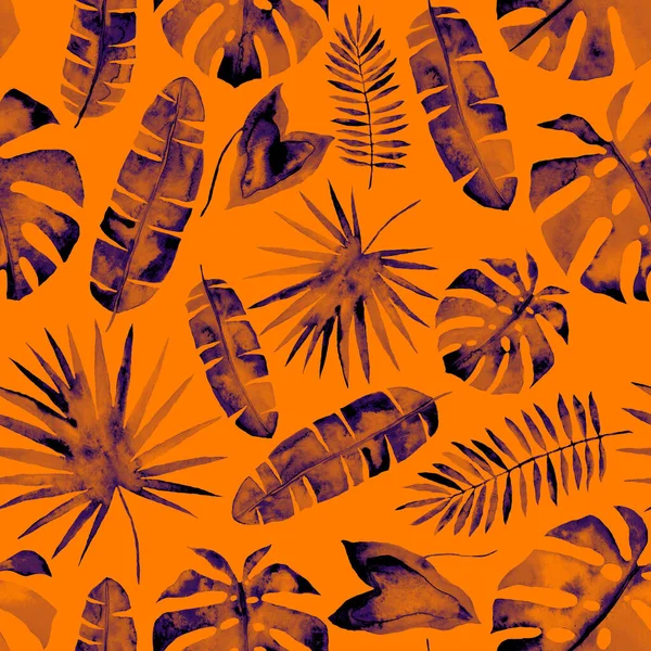 カラフルな抽象的な熱帯の葉と水彩シームレスパターン エキゾチックな植物で明るい夏の印刷 創造的なトレンディーな植物繊維デザイン — ストック写真
