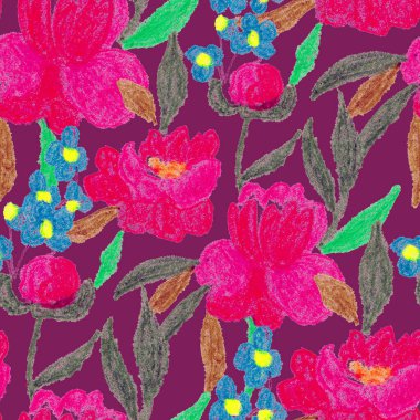 Balmumu pastel boyalarla çizilmiş soyut çiçekleri olan yaratıcı, pürüzsüz desen. Parlak renkli çiçek deseni.