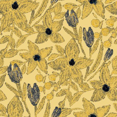 Balmumu pastel boyalarla çizilmiş soyut çiçekleri olan yaratıcı, pürüzsüz desen. Parlak renkli çiçek deseni.