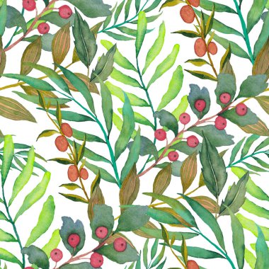 Vintage yapraklı suluboya desenli. Dekoratif tasarım için renkli yaprakları olan güzel bir botanik baskısı. Parlak bahar ya da yaz arkaplanı. Klasik düğün dekoru. Tekstil tasarımı.