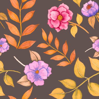 Çiçeklerle suluboya kusursuz desen. Klasik çiçek desenleri. Çiçeksiz desen. Botanik sanatı. Çiçek botanik koleksiyonu. Çiçek seti. Suluboya botanik tasarımı.