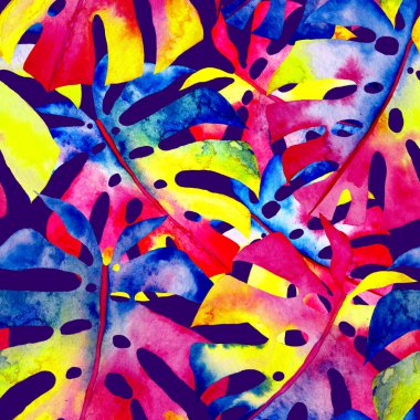 Renkli ve soyut tropikal yapraklı suluboya desenli. Egzotik bitkilerle dolu parlak yaz baskısı. Yaratıcı trend botanik tekstil tasarımı.