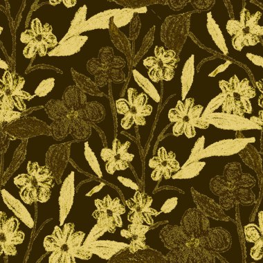 Balmumu pastel boyalarla çizilmiş soyut çiçekleri olan yaratıcı, pürüzsüz desen. Parlak renkli çiçek deseni.