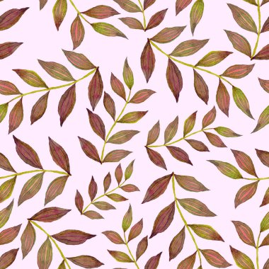 Vintage yapraklı suluboya desenli. Dekoratif tasarım için renkli yaprakları olan güzel bir botanik baskısı. Parlak bahar ya da yaz arkaplanı. Klasik düğün dekoru. Tekstil tasarımı.